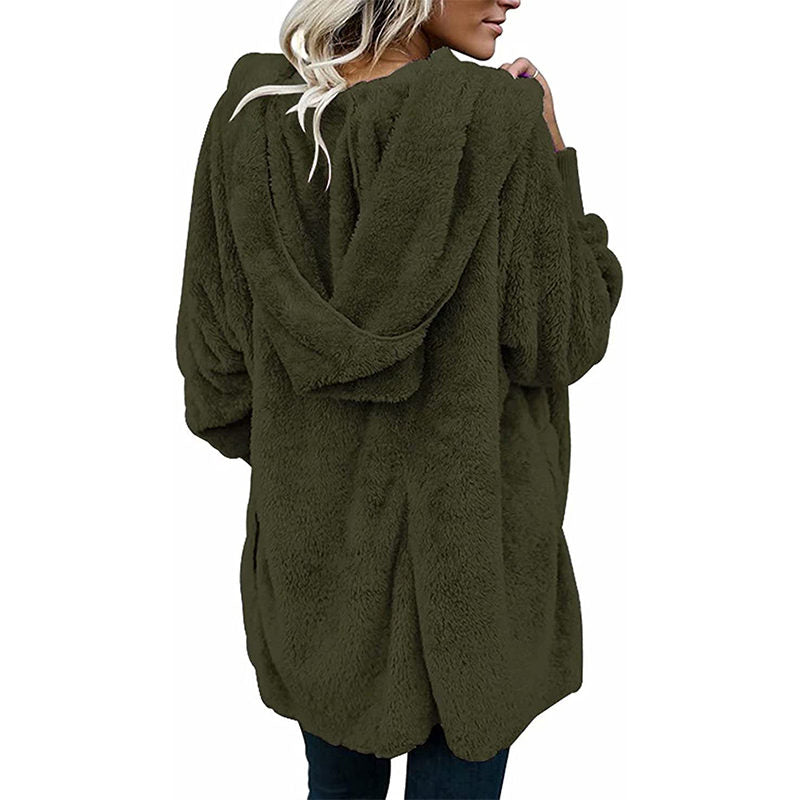 Beakey Womens Long Sleeve Fuzzy Fleece Jacket Hooded Cardigan Coat with Pockets-Army Green