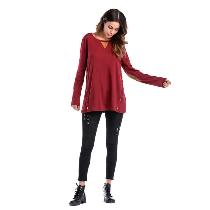 Beakey Women's Long Sleeve Double-breasted Buttons Casual Blouse Tunic Shirt Tops-Wine Red-1025
