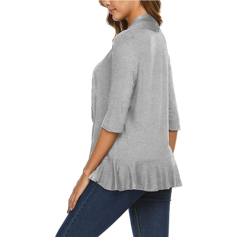 Beakey Women's Open Front Cardigan 3/4 Sleeve Draped Ruffles Soft Knit Sweaters-Light Gray-8012