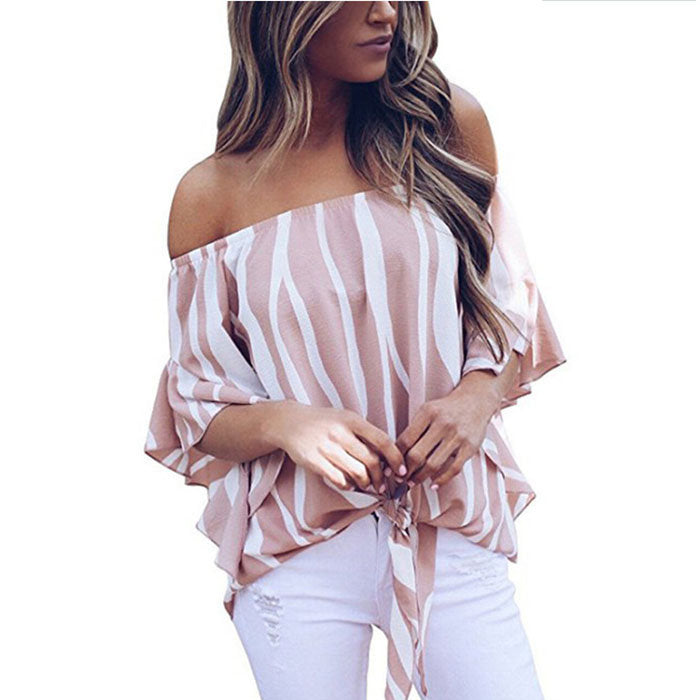 Beakey Women's Striped Printed Off Shoulder Bell Sleeve Shirt Tie Knot Casual Blouses Tops-Pink-8802