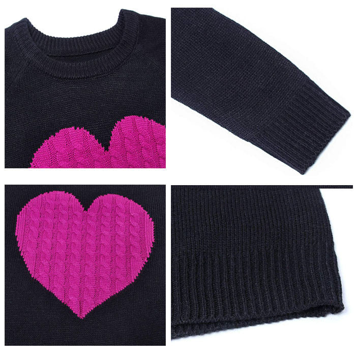 Beakey Women Cute Sweaters Heart Crewneck Long Sleeve Knitted Pullover Sweater-Black And Rose-118004
