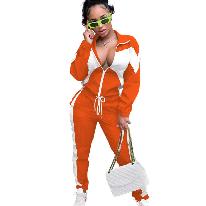 Beakey Womens Windbreaker Jacket Pants Colorblock Patchwork Tracksuit-Orange