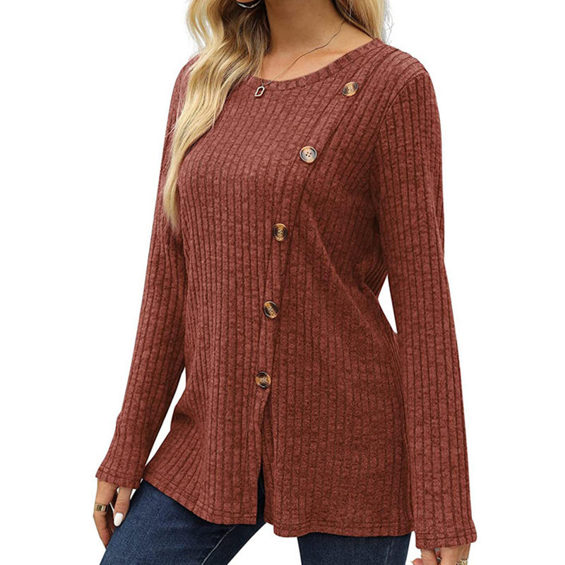Beakey Long Sleeve Tops for Women Button Decor Loose Tunic Blouse-Caramel