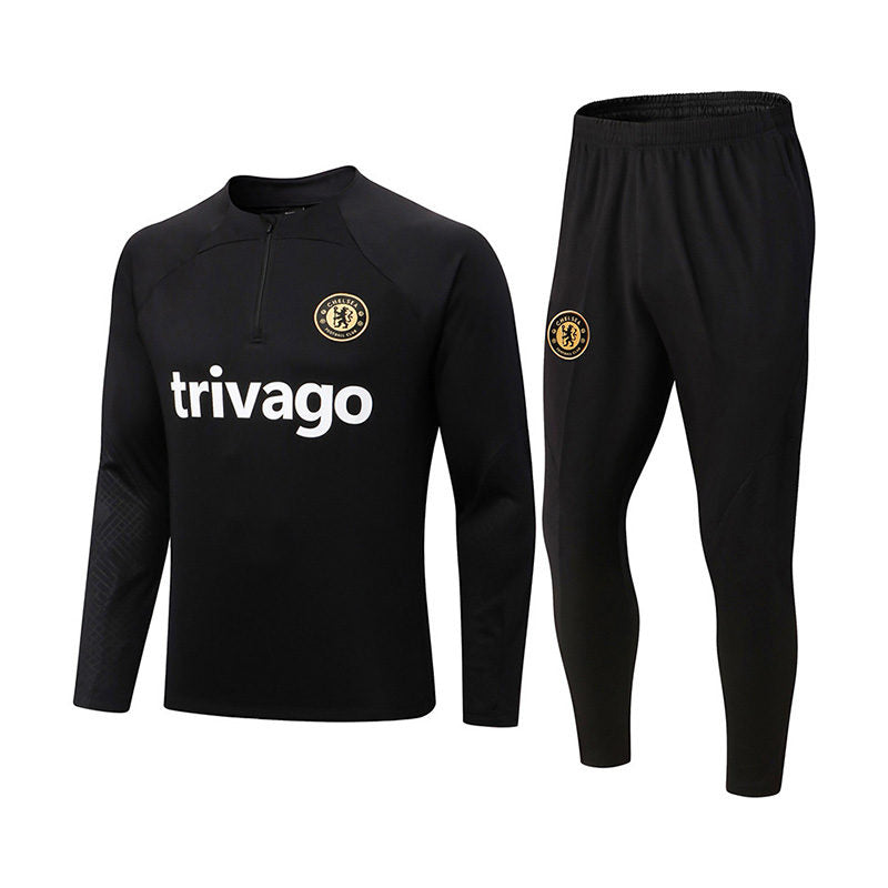 Beakey Chelsea Soccer Jersey Football Training Suit with Long Sleeves Half Zipper for Adults-Black