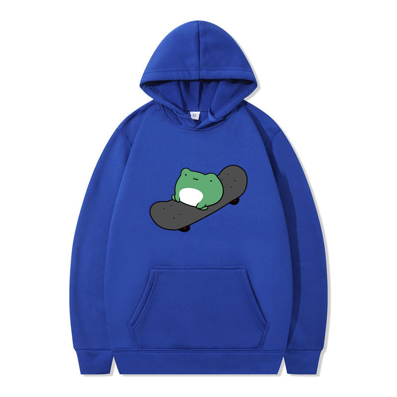 Beakey Womens Cute Hoodie Skateboarding Frog Long Sleeve Pullover-Blue