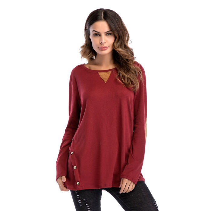 Beakey Women's Long Sleeve Double-breasted Buttons Casual Blouse Tunic Shirt Tops-Wine Red-1025