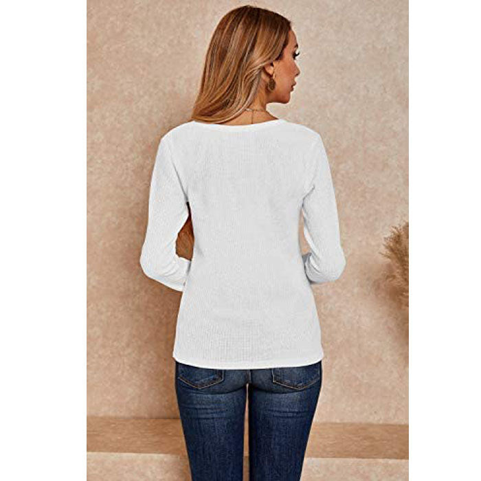 Beakey Womens V Neck Shirts Long Sleeve Waffle Knit Loose Fitting Warm Pullover Sweaters-White-5888