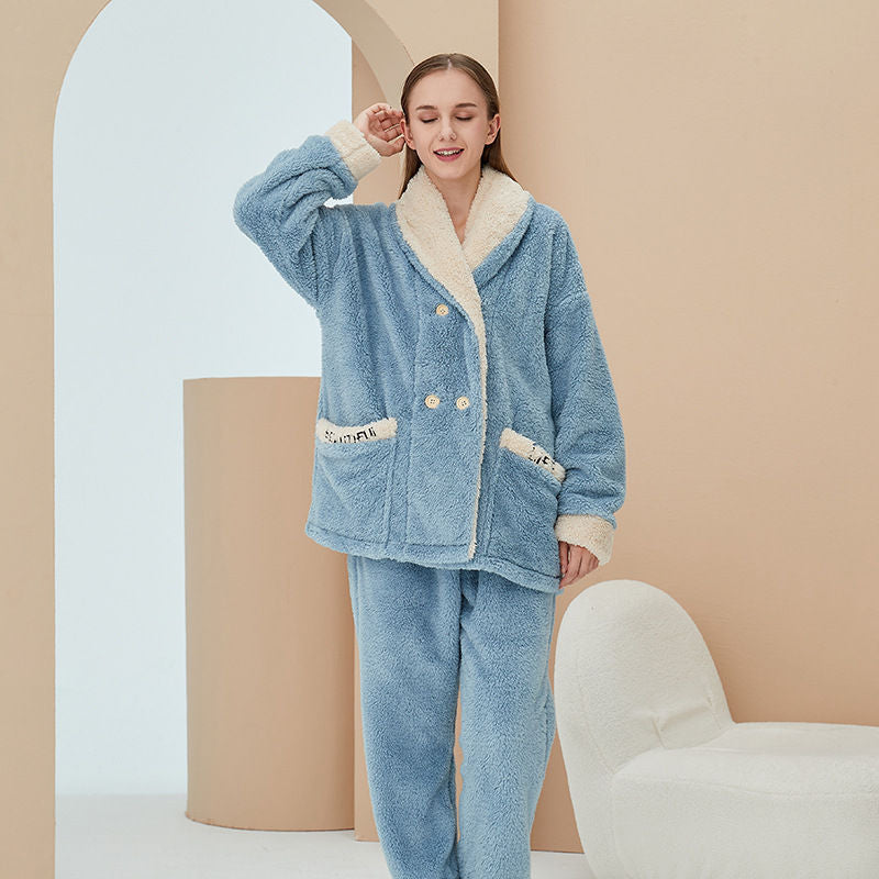 Beakey Womens Plush Pajamas Cardigan Set Loungewear-Haze Blue
