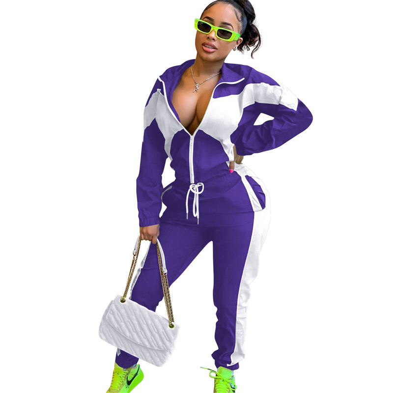 Beakey Womens Windbreaker Jacket Pants Colorblock Patchwork Tracksuit-Purple