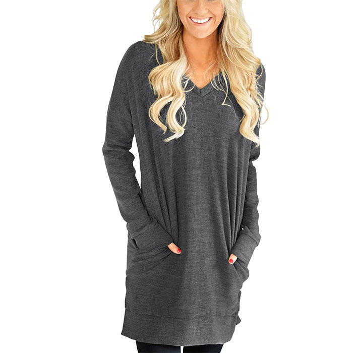 Beakey Womens Casual V Neck Long Sleeves Pocket Solid Color Sweatshirt Split Tops-Dark Gray-W0083