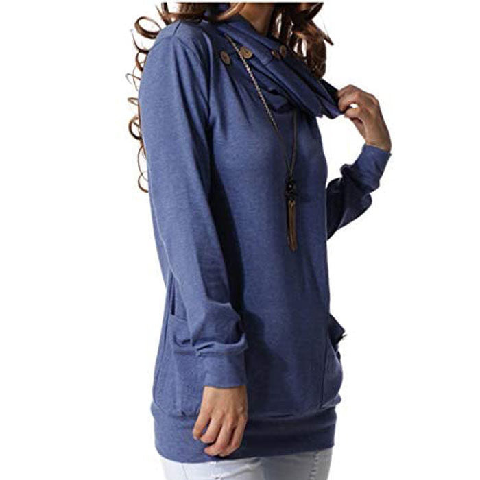 Beakey Womens Long Sleeve Buttons High Neck Casual Sweatshirts Tunic Tops With Pockets-Blue-T4554