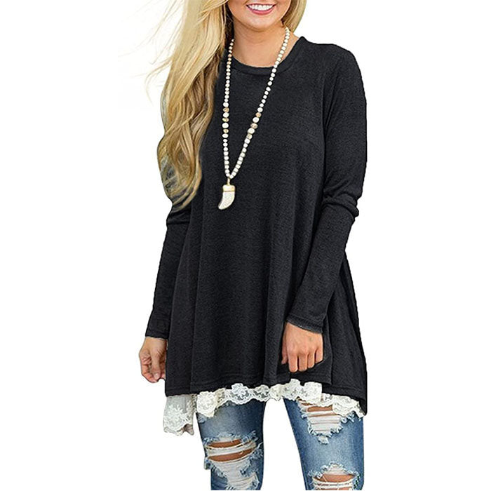 Beakey Women's Crew Neck Long Sleeve Lace Splicing Shirt Long Tunic Blouses-Black-1228
