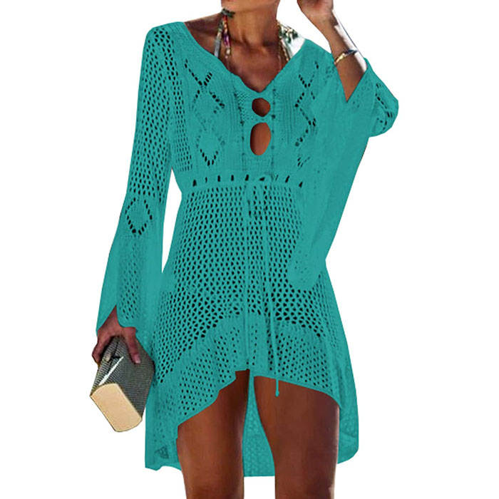 Beakey Women Beach Swimsuit for Women Flared Sleeves Coverups Bikini Loose Cover Up Net-Lake Green
