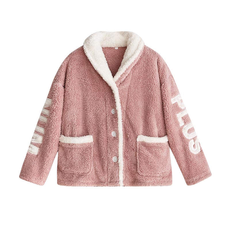 Beakey Womens Winter Fleece Pajamas Set Warm Loungewear-Pink