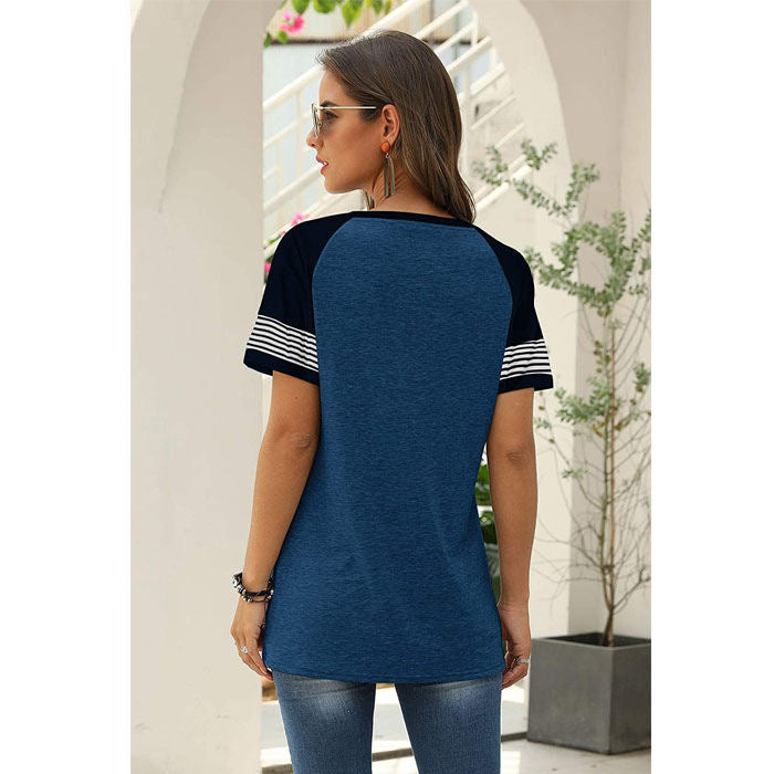 Beakey Womens T Shirts Round Neck Short Sleeve Striped Color Block Casual Tops-Blue-025