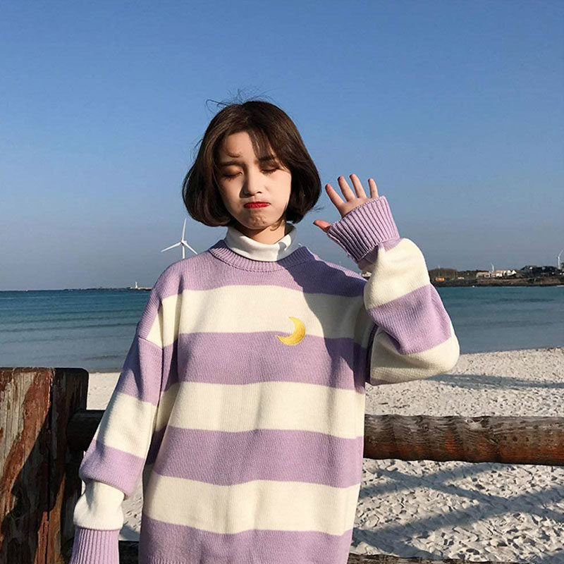 Beakey Womens Kawaii College Style Sweater Contrast Striped Moon Pullover-Purple