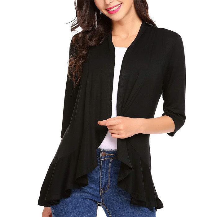 Beakey Women's Open Front Cardigan 3/4 Sleeve Draped Ruffles Soft Knit Sweaters-Black-8012
