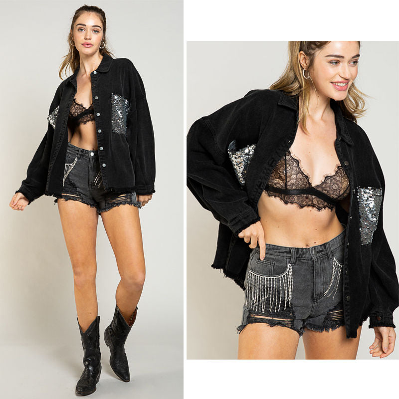 Beakey Sequins Denim Jacket for Women Oversized Distressed Jean Outwear-Black