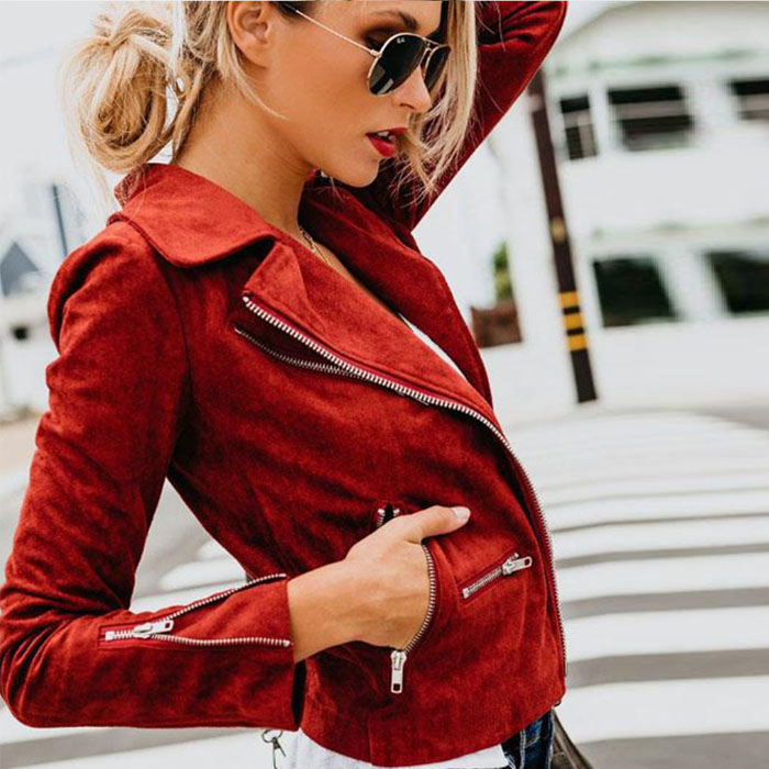 Beakey Women's Multiple Zippers Notch Collar Moto Jacket Casual Short Coat-Red-YC0271