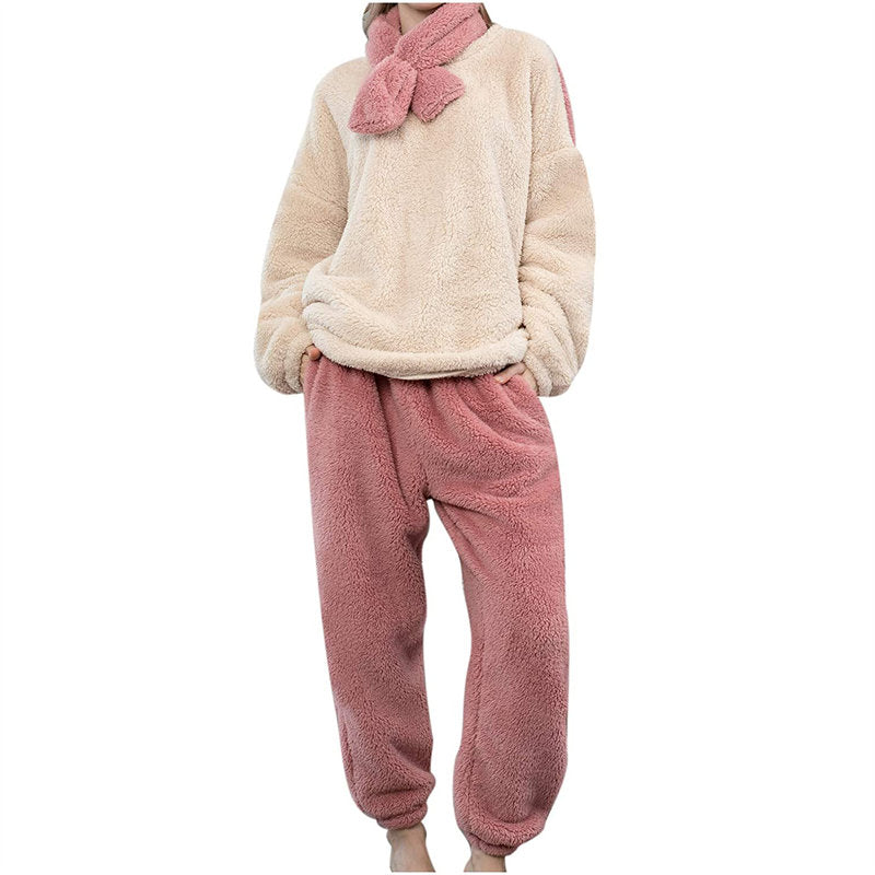 Beakey Womens Thickened Coral Fleece Pajamas Set with Scarf-Beige