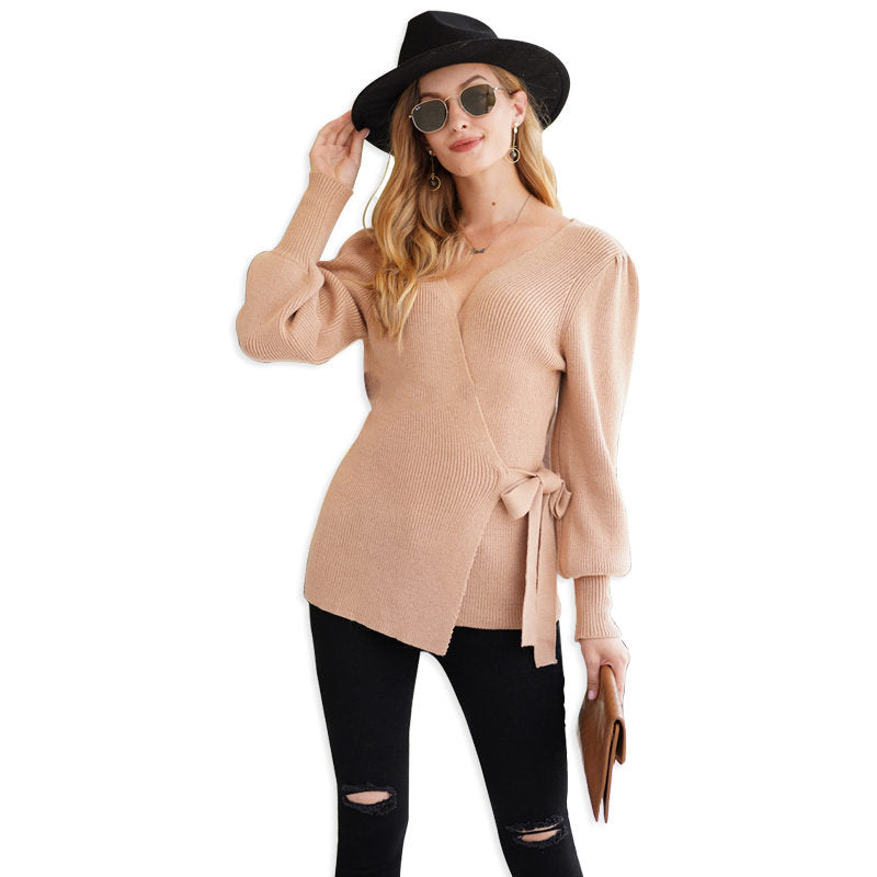 Beakey Womens Sexy V Neck Oversized Sweater Balloon Sleeve Knit Pullover-Khaki