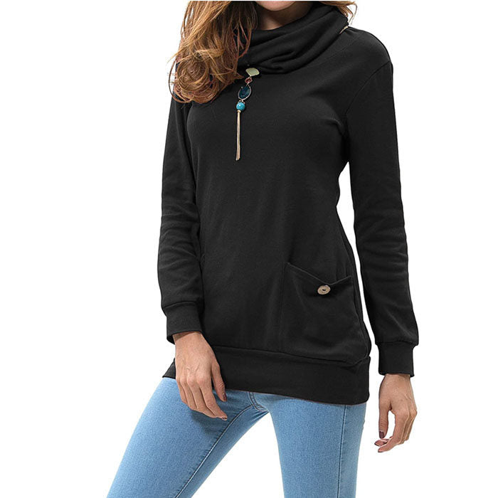 Beakey Womens Long Sleeve Buttons High Neck Casual Sweatshirts Tunic Tops With Pockets-Black-T4554