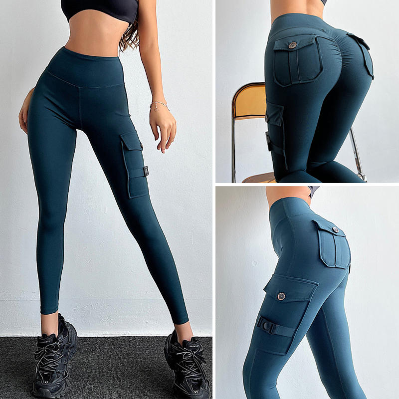 Beakey Womens Cargo Leggings with Flap Pockets Non See Through for Workout-Green