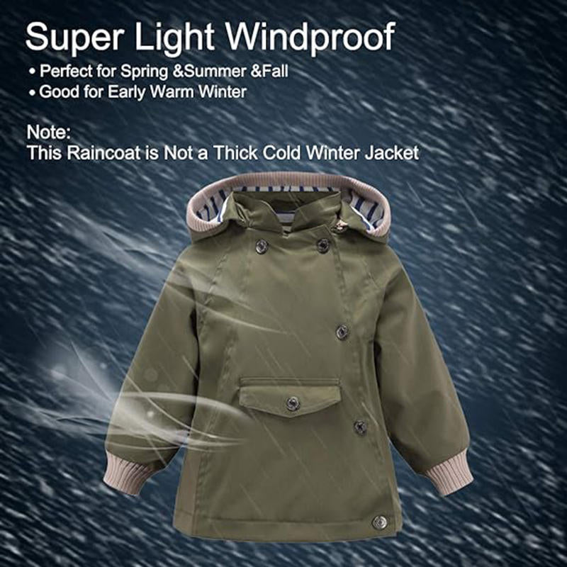 Beakey Kids Rain Jacket with Removable Hood Windproof for Spring Fall-Army Green