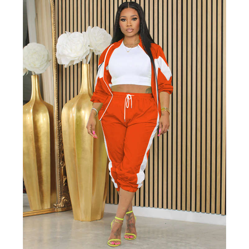 Beakey Womens Windbreaker Jacket Pants Colorblock Patchwork Tracksuit-Orange