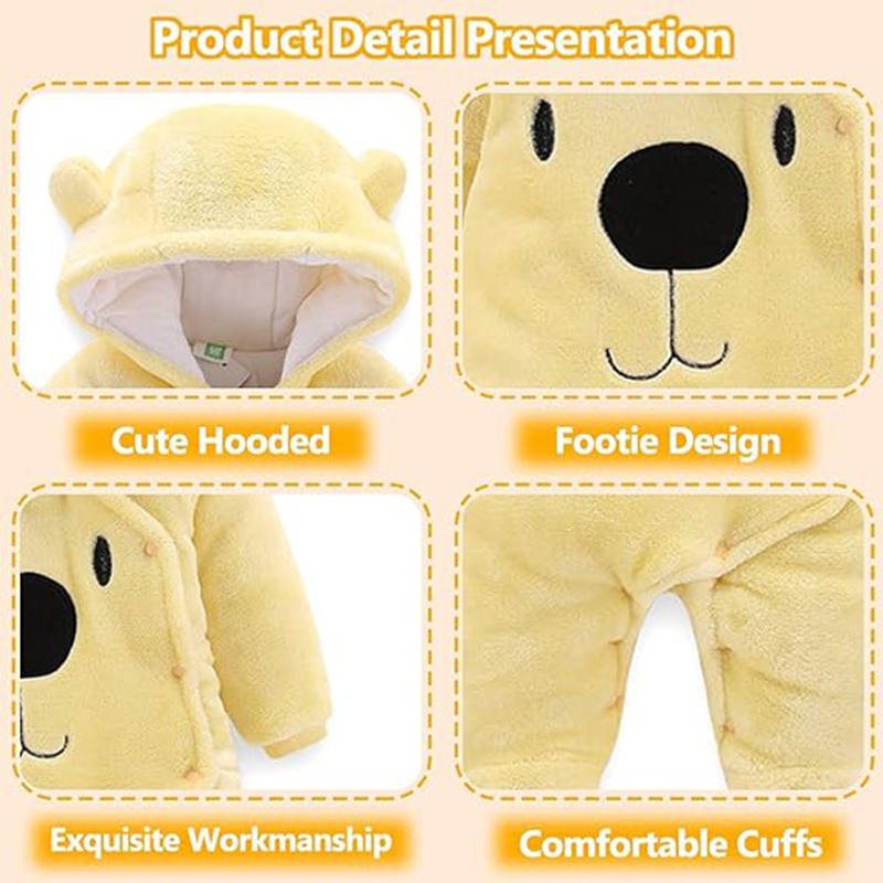 Beakey Cute Bear Hooded Snowsuit for Baby Button Footie Fleece Jumpsuit-Yellow