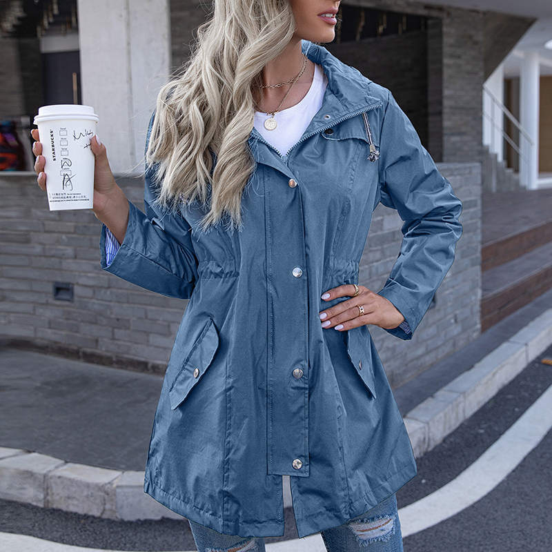 Beakey Rain Jacket for Women Striped Lined Hooded Lightweight Windbreaker-Denim Blue