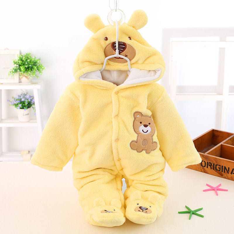 Beakey Newborn Flannel Jumpsuit with Hood Button Down Winter Rompers-Yellow