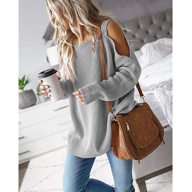 Beakey Womens Off Shoulder Oversized Sweater Fashion Knit Tunic Tops-Grey