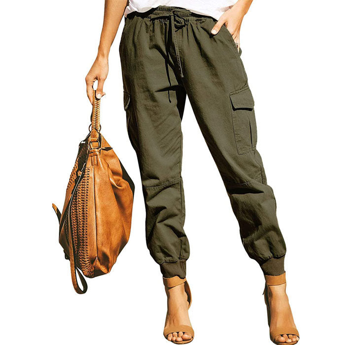 Beakey Women's Fashion Waist Cargo Pants Drawstring Trousers with Pockets-Green-D29