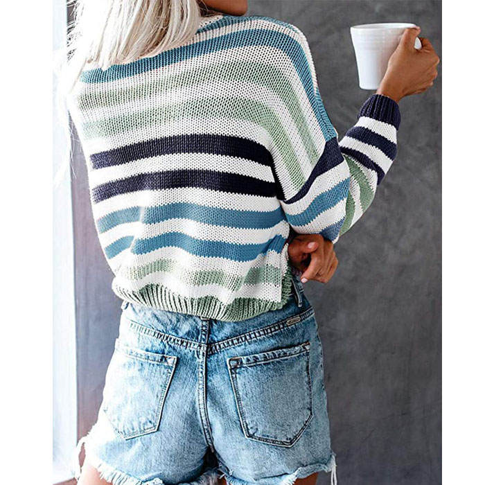 Beakey Women Sweaters Long Sleeve Crew Neck Striped Oversized Casual Knitted Tops-Pea Green-F80134