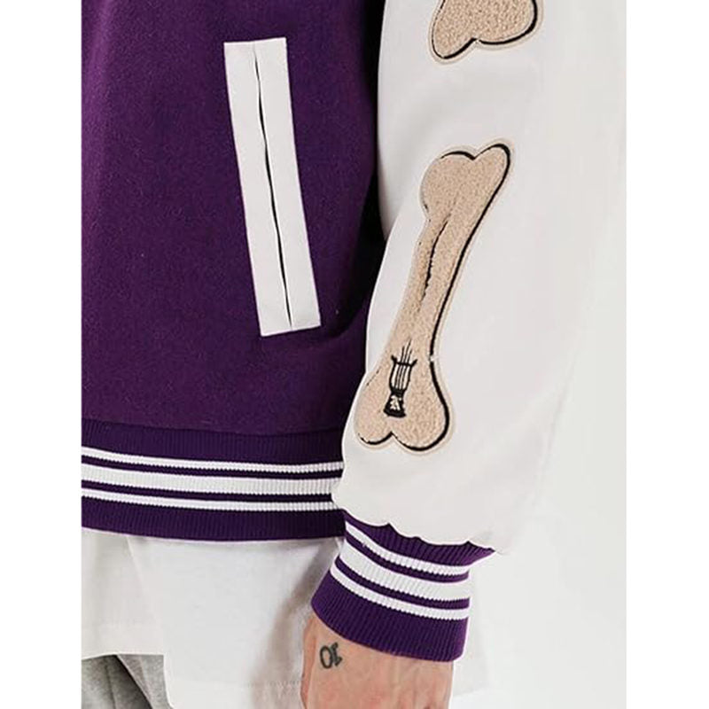 Beakey Unisex Varsity Jacket Stitched Leather Oversized Coat with Patch-Purple