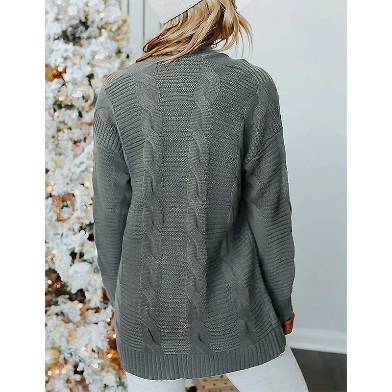 Beakey Womens Long Sleeve Cable Knit Cardigan Sweater Mid Length Coat-Grey