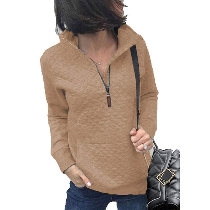 Beakey Women 1/4 Zipper Long Sleeve Plain Casual Sweatshirts Pullovers Shirts Tops-Khaki