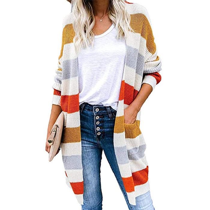 Beakey Women¡¯s Open Front Long Cardigan Strip Color Block Knit Fall Outwear Sweater-Yellow-AL6014