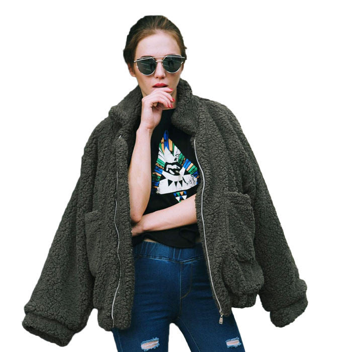 Beakey Women's Lapel Zip Up Coat Faux Shearling Shaggy Oversized  Jacket Warm Winter-Army Green-T0647