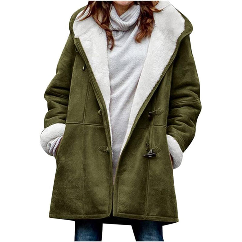 Beakey Fleece Jackets for Women Horn Button Winter Hooded Outwear-Army Green