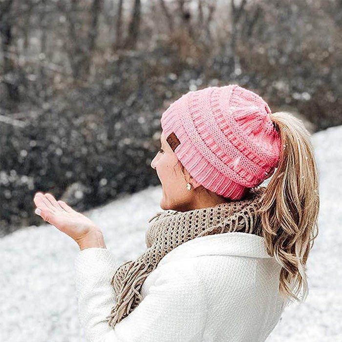 Beakey Soft Stretch Cable Knit Hat Ponytail Beanie Winter Hat For Women-Pink