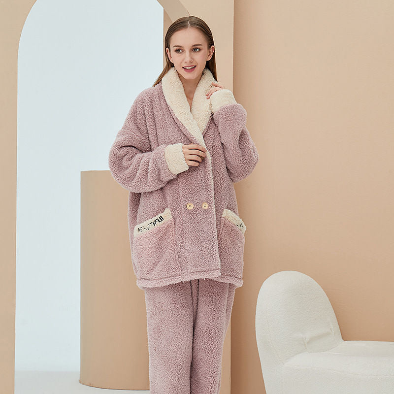 Beakey Womens Plush Pajamas Cardigan Set Loungewear-Pink