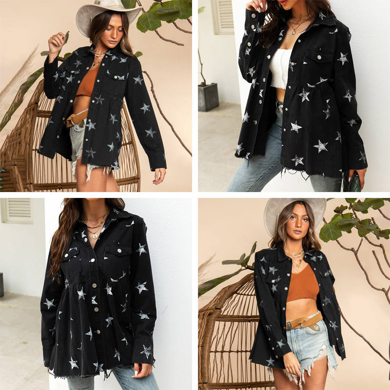 Beakey Star Print Jacket for Women Frayed Hem Distressed Denim Coat-Black