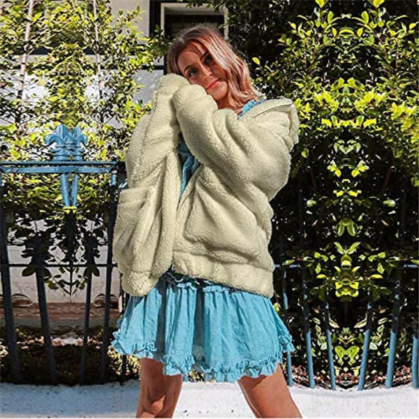 Beakey Women's Lapel Zip Up Coat Faux Shearling Shaggy Oversized  Jacket Warm Winter-Off-white-T0647