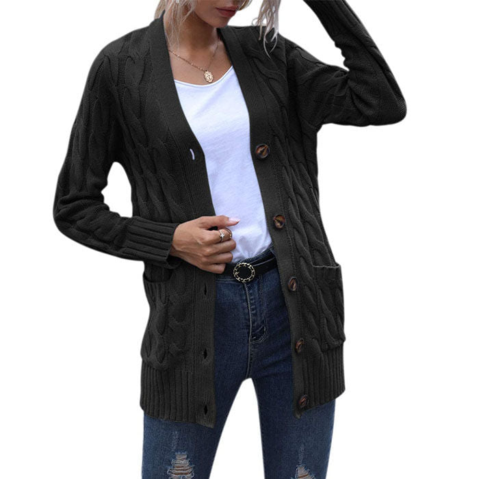 Beakey Women's Winter Keep Warm Long Sleeve Knit Sweater Cardigan Button Loose Outerwear-Black-YL220187