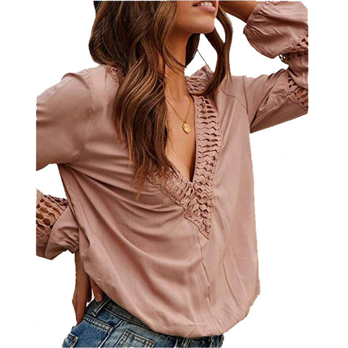 Beakey Womens V Neck Lantern Long Sleeve Blouse Hollow Out Casual Shirts-Pink-80082