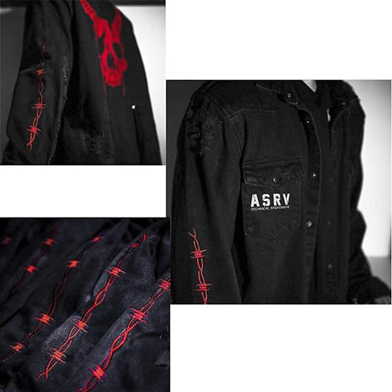 Beakey Mens Denim Jacket Distressed Ripped Hip Hop Outwear Oversized-Skull