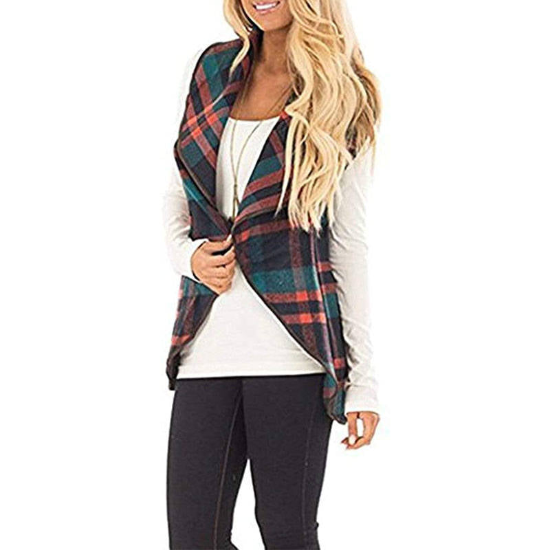 Beakey Womens Casual Lapel Open Front Plaid Vest Cardigan with Pockets-Yellow
