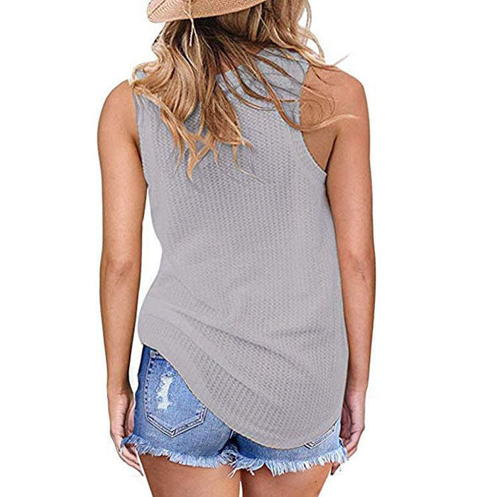 Beakey Womens Waffle Knit Vest Casual Blouse Sleeveless Twist Knot Tank Tops-Light Gray-YT8829